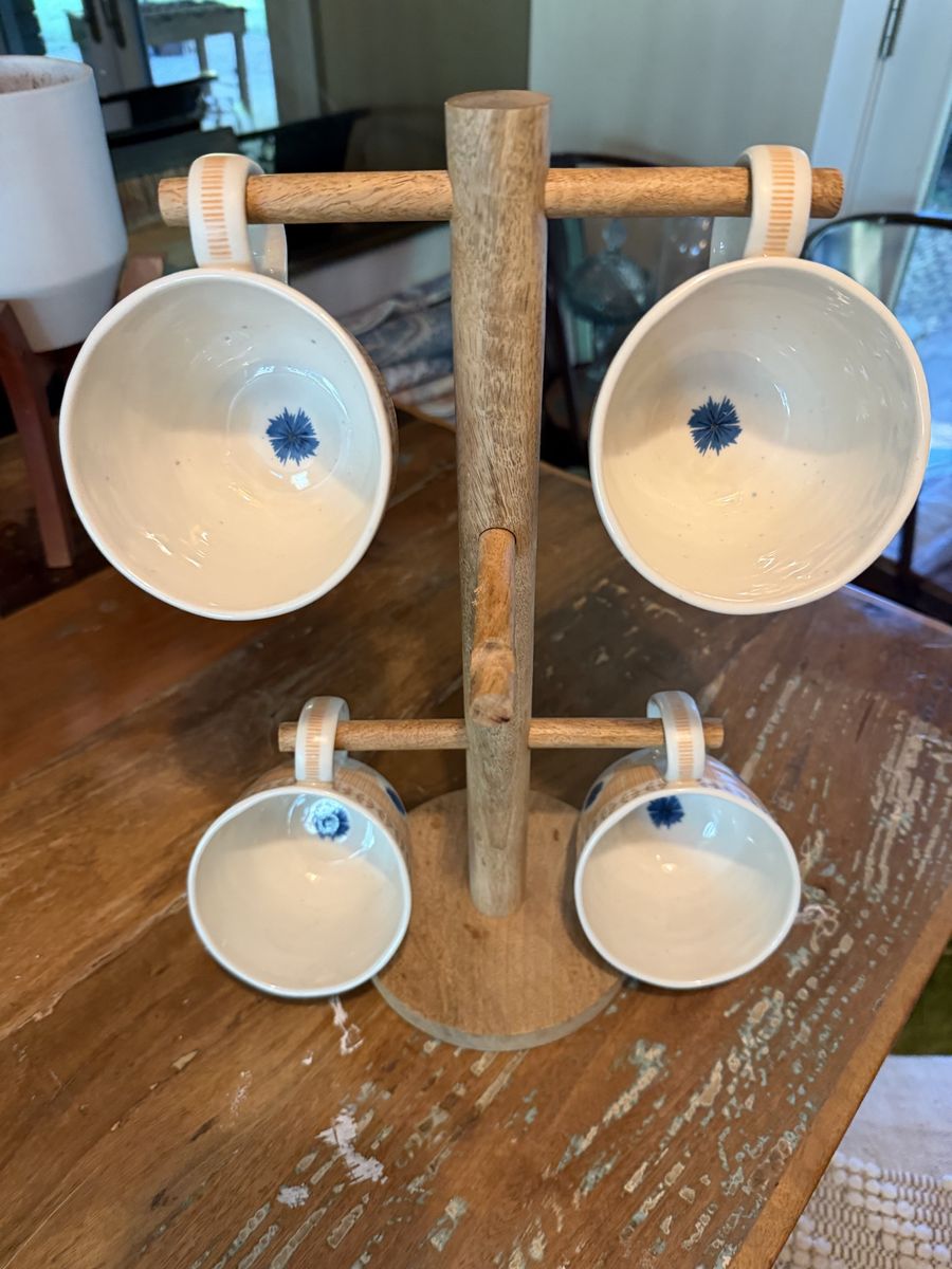 Unique Handmade Ceramic Mugs Set of 4 with Wooden Tree Stand, Blue Flower Motif
