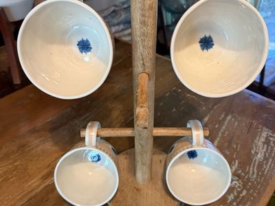 Unique Handmade Ceramic Mugs Set of 4 with Wooden Tree Stand, Blue Flower Motif