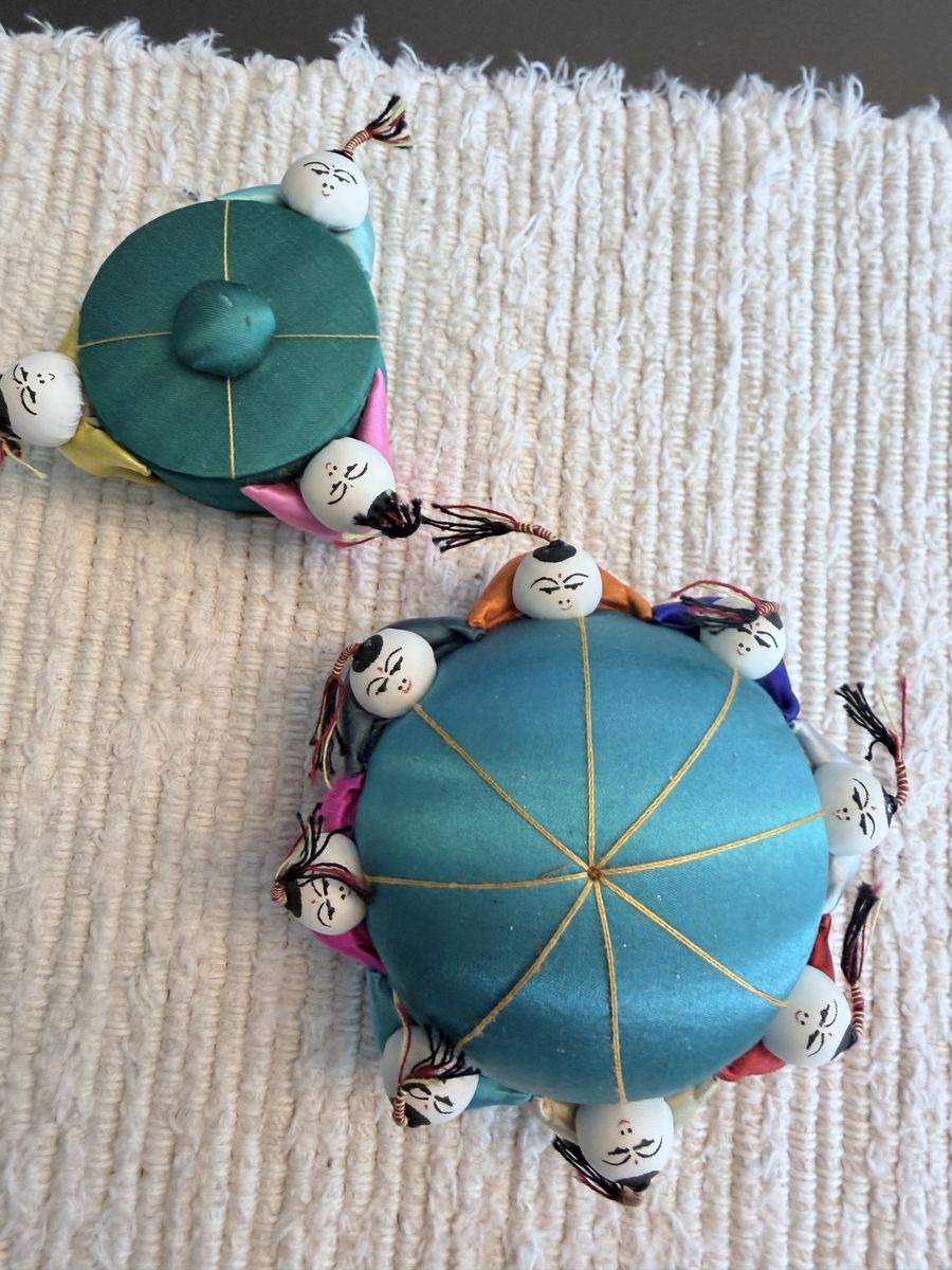 Vintage Japanese Kokeshi Doll Silk Pin Cushion & Trinket Box Set - Hand-Painted Miniature Dolls - NEW - Vintage!!!
