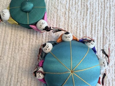 Vintage Japanese Kokeshi Doll Silk Pin Cushion & Trinket Box Set - Hand-Painted Miniature Dolls - NEW - Vintage!!!