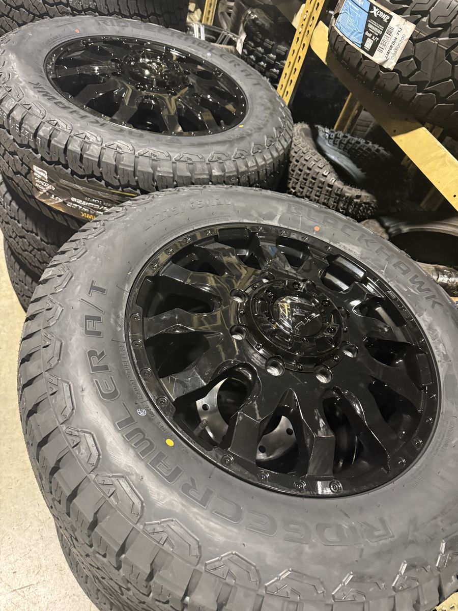 6 New Dually DRW 8x210 Black Fuel Blitz LT275/65r20 Blackhawk AT 3 peak snowflake  rated 2011+ Chevy Silverado GMC 3500 Duramax