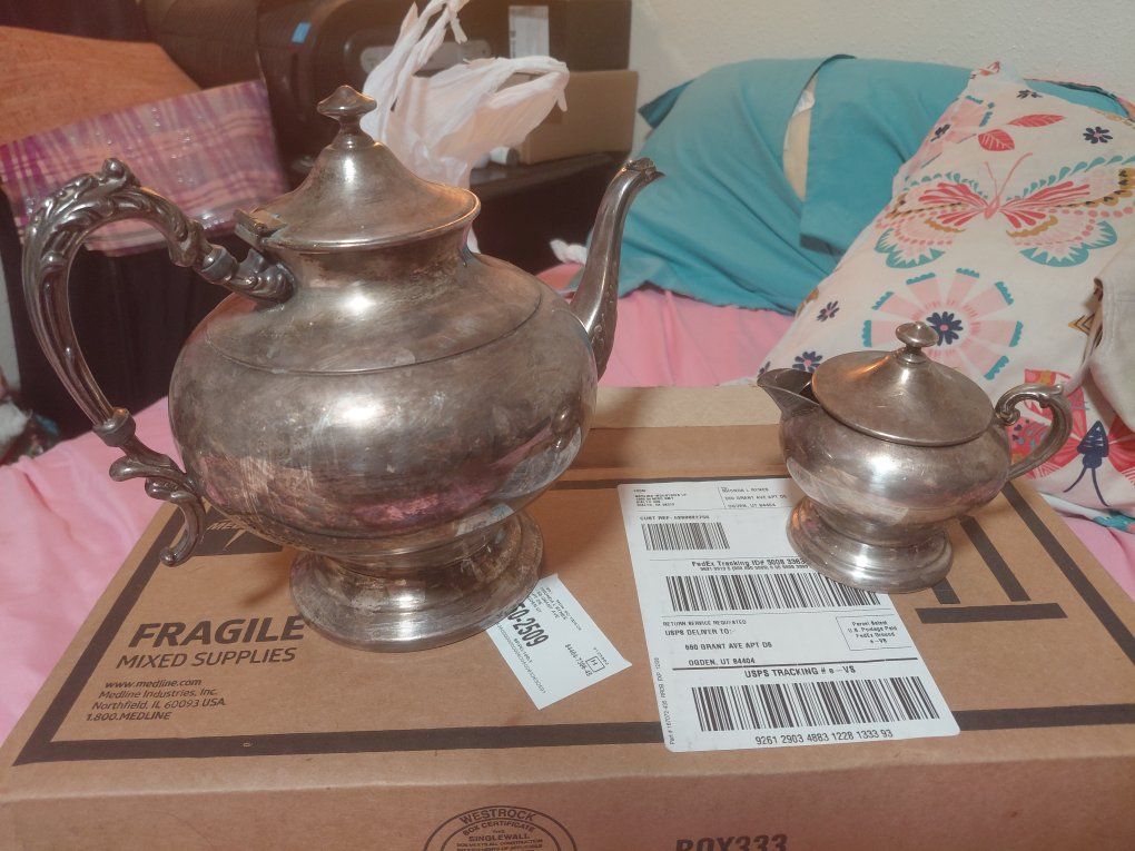 Vintage Silver-Plated Teapot and Creamer Set with Crown Hallmark Stamp