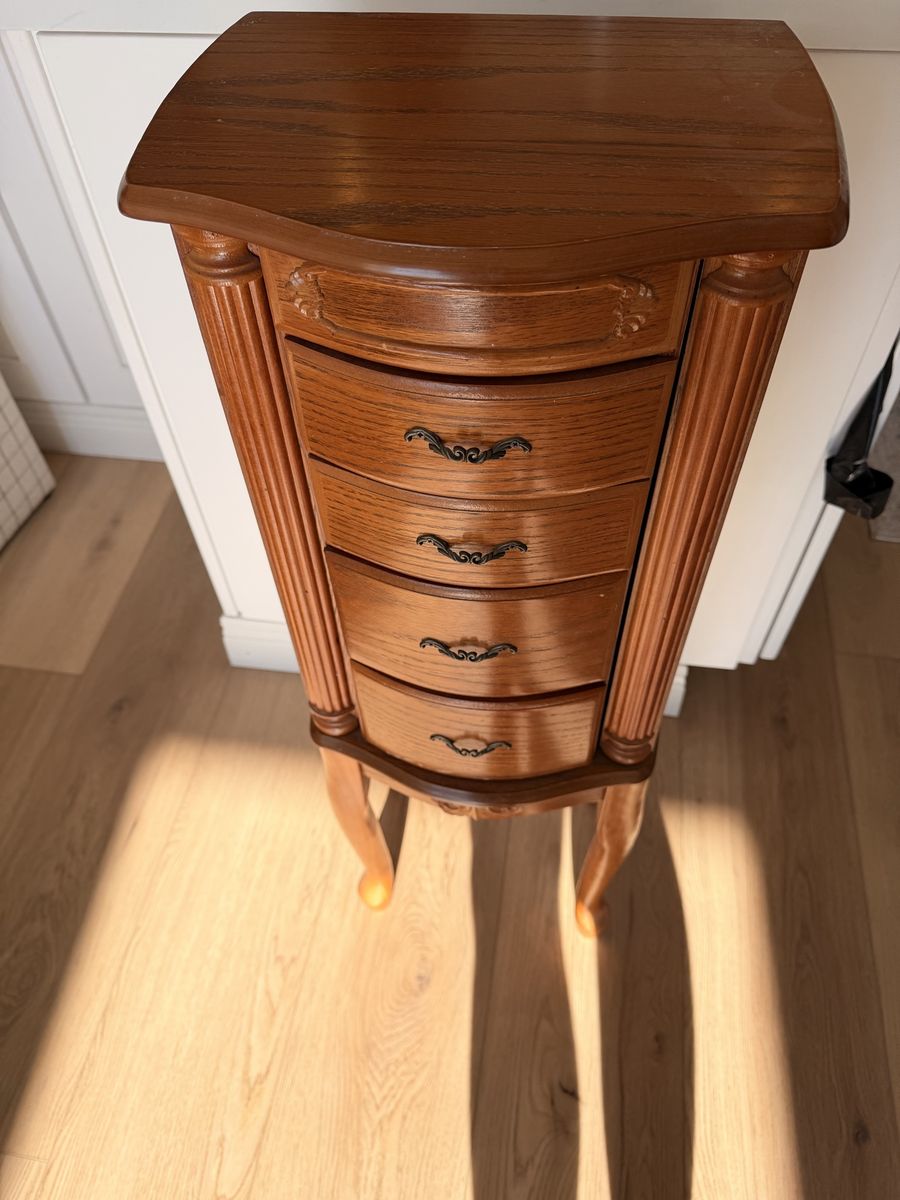 Vintage Wooden Jewelry Armoire 5-Drawer Stand Up Organizer with Side Cabinets & Green Felt Lining
