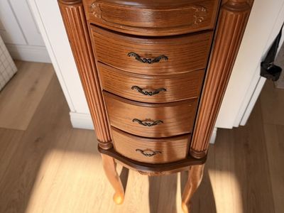 Vintage Wooden Jewelry Armoire 5-Drawer Stand Up Organizer with Side Cabinets & Green Felt Lining