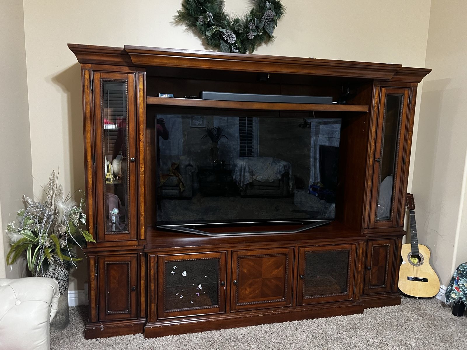 Large Wooden Entertainment Center TV Stand with Glass Display Cabinets