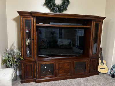 Large Wooden Entertainment Center TV Stand with Glass Display Cabinets