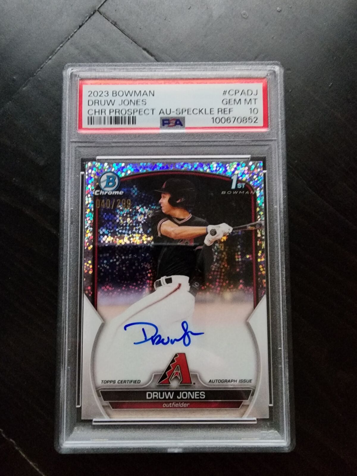 PSA 10 DRUW JONES AUTO 1st 2023 Bowman Chrome SPECKLE REFRACTOR /299 RC GEM MINT