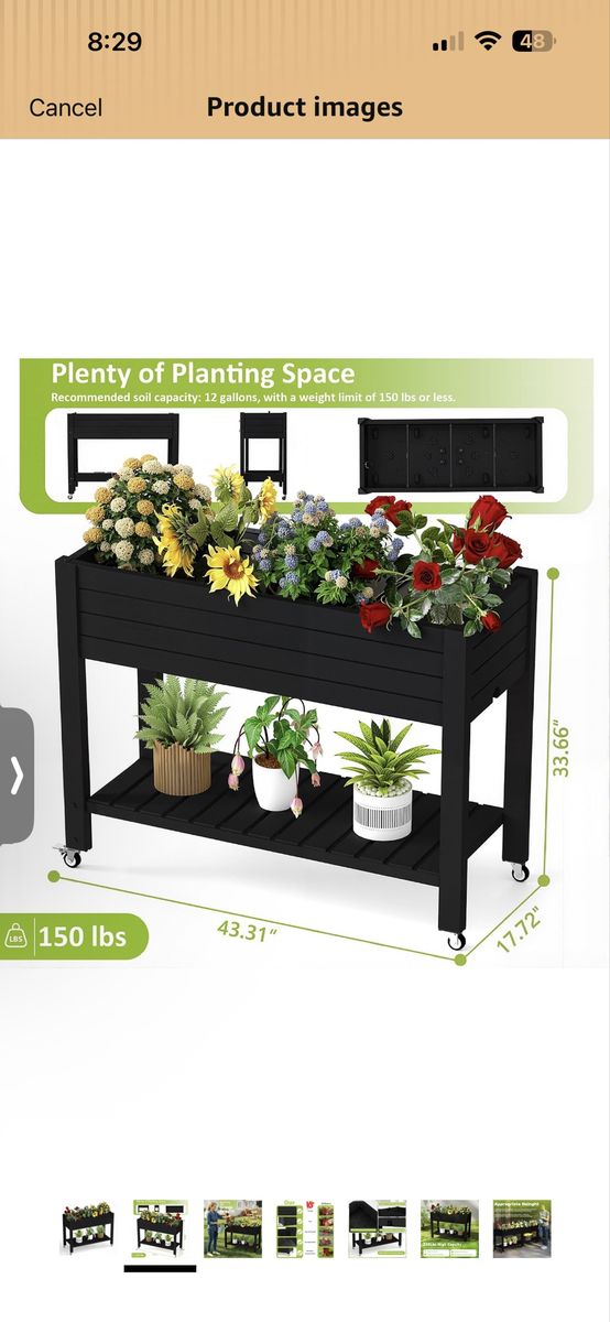 Raised Garden Bed, 33.66" Tall Self-Watering Resin Planter Box with Legs & Lockable Wheels Drainage Plug and Gauge for Flowers,