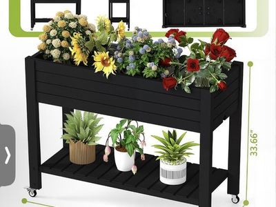 Raised Garden Bed, 33.66" Tall Self-Watering Resin Planter Box with Legs & Lockable Wheels Drainage Plug and Gauge for Flowers,