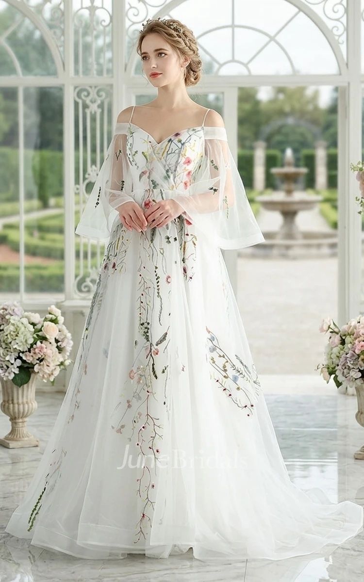 JuneBridals Floral Embroidered Off-Shoulder Wedding Dress with Chapel Train - Size 18W