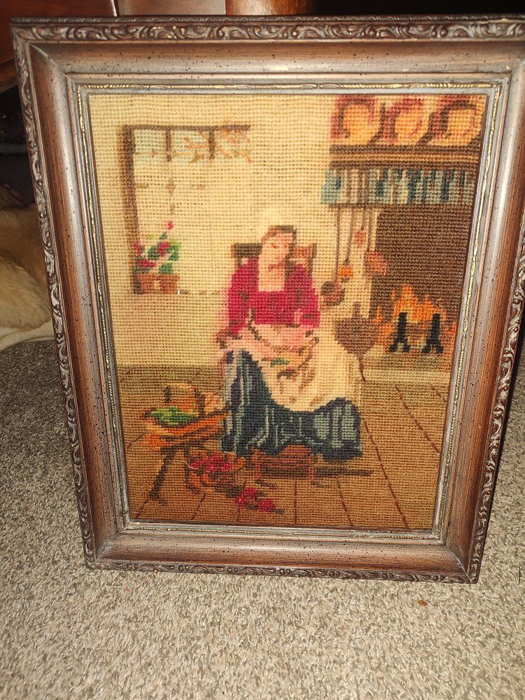 Vintage Framed Needlepoint Art: Woman by Fireplace, Handcrafted Home Decor, 1970s Style