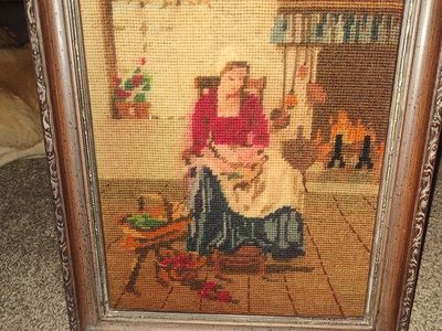 Vintage Framed Needlepoint Art: Woman by Fireplace, Handcrafted Home Decor, 1970s Style