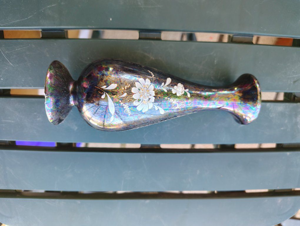 Vintage Iridescent Black Glass Vase with Hand-Painted White Floral Design