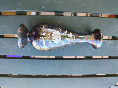 Vintage Iridescent Black Glass Vase with Hand-Painted White Floral Design