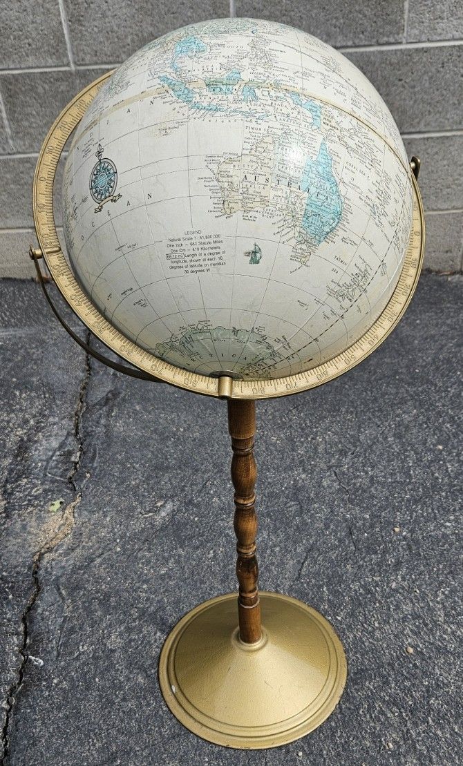 Vintage Floor Standing World Globe with Wooden & Metal Pedestal Stand