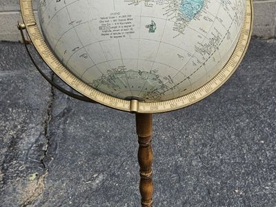 Vintage Floor Standing World Globe with Wooden & Metal Pedestal Stand
