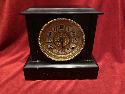 Antique Sessions Black Mantle Clock 8 Day 1/2 Strike Cathedral Gong Ornate Gold Toned Dial Works
