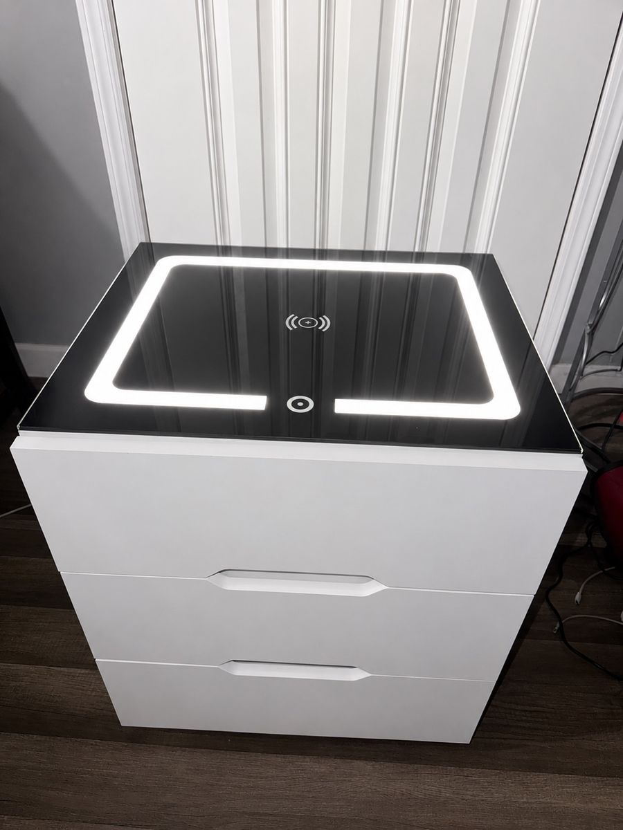 Modern White Smart Nightstand with LED Light & Wireless Charging Station