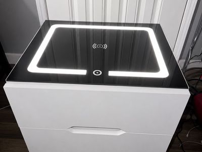 Modern White Smart Nightstand with LED Light & Wireless Charging Station