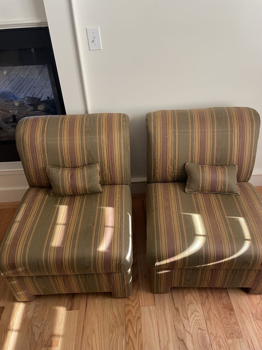 Pair of Striped Armless Accent Accent Slipper Chairs with Matching Lumbar Pillows