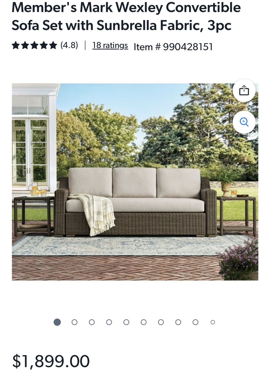 Members Mark Wesley Convertible Sofa Set 3pc Sunbrella Cast Silver