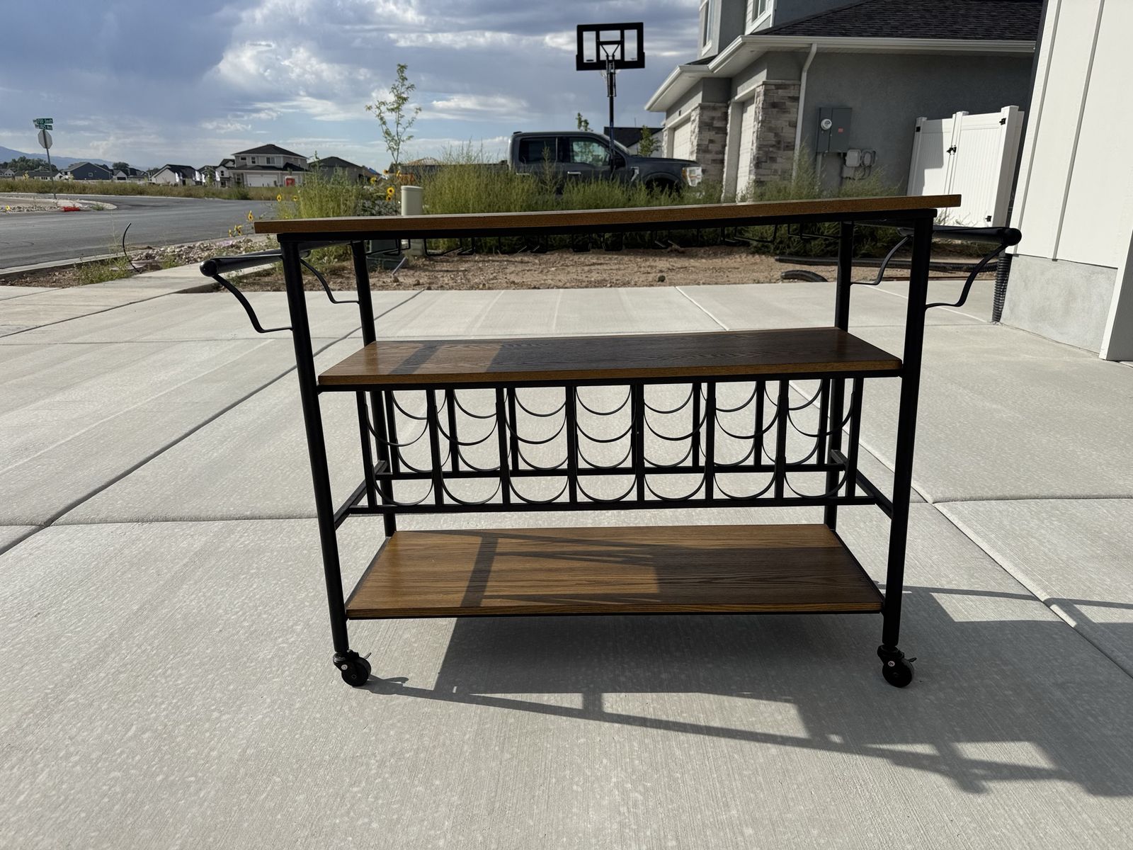 Industrial Rolling Bar Cart with Wood Shelves and Built-In Wine Rack