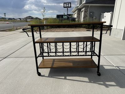 Industrial Rolling Bar Cart with Wood Shelves and Built-In Wine Rack