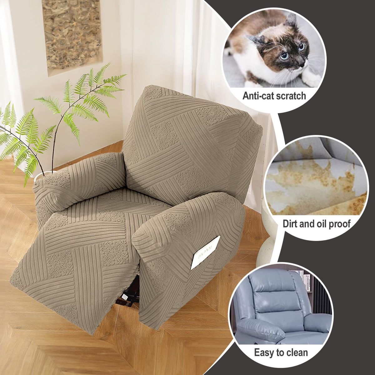 Stretch Recliner Chair Slipcover - Anti-Cat Scratch, Dirt/Oil Proof, Easy Clean, Textured Tan
