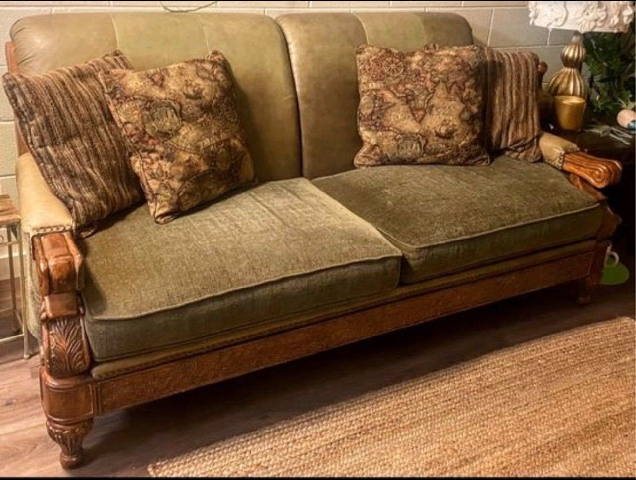 Schnadig Velvet & Top Grain Leather Sofa & Armchair Set - Olive Green Cushions & Carved Wood Frame, 2-Piece Cash Only