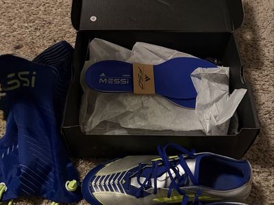 Adidas F50 LEAGUE MESSI Firm/Multi-Ground Soccer Cleats Men's 8.5 Silver/Yellow/Blue