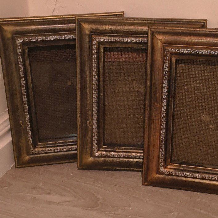 Set of 3 Ornate Gold Photo Frames with Burlap Inset