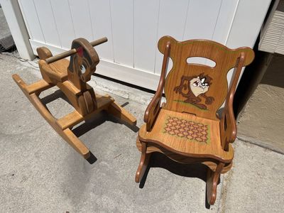 Vintage Wooden Rocking Horse & Taz Rocking Chair Set - Kids Furniture Play Decor