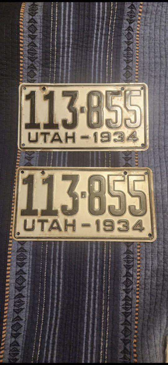 Vintage Utah 1934 License Plate Pair - Original White & Black Set