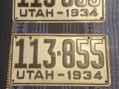 Vintage Utah 1934 License Plate Pair - Original White & Black Set