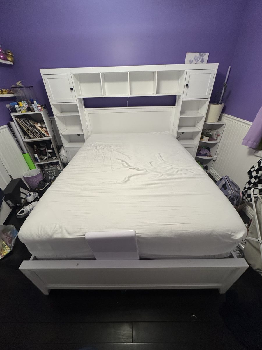 White full size storage bed and headboard