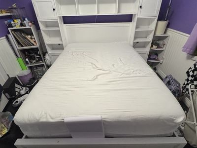 White full size storage bed and headboard