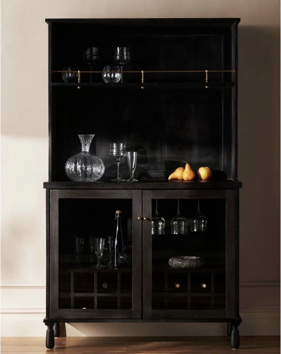 Anthropologie Black Wood Bar Cabinet with Glass Doors and Wine Storage