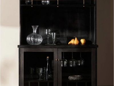 Anthropologie Black Wood Bar Cabinet with Glass Doors and Wine Storage
