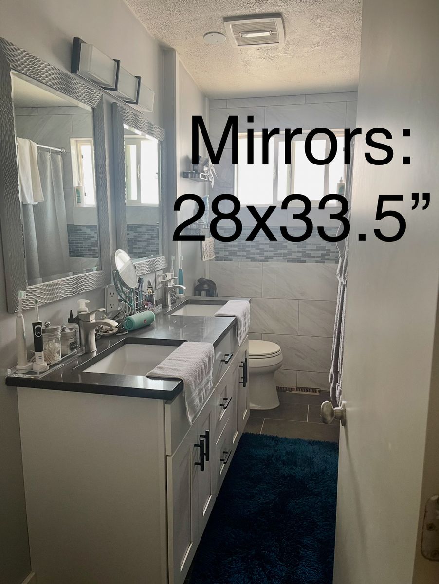 Pair of 28x33.5" Light Gray Textured Framed Bathroom Mirrors