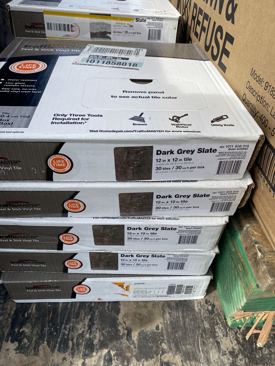 Traffic Master 12x12 peel and stick vinyl tile flooring Grey slate.