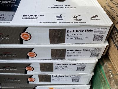 Traffic Master 12x12 peel and stick vinyl tile flooring Grey slate.