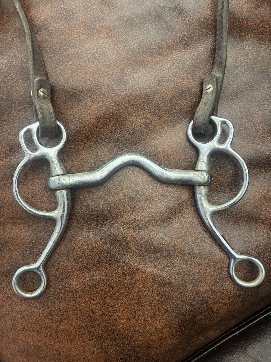 Used Western Horse Bit - Stainless Steel Curved Mouth Snaffle with Leather Straps