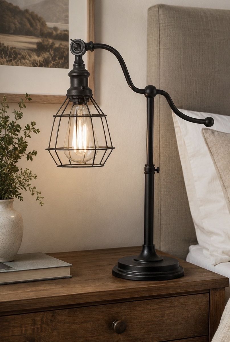 Industrial Style Black Metal Desk Lamp with Edison Bulb & Cage Shade - Adjustable Height