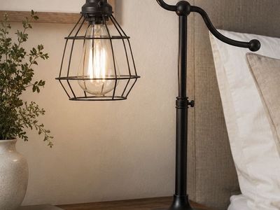 Industrial Style Black Metal Desk Lamp with Edison Bulb & Cage Shade - Adjustable Height