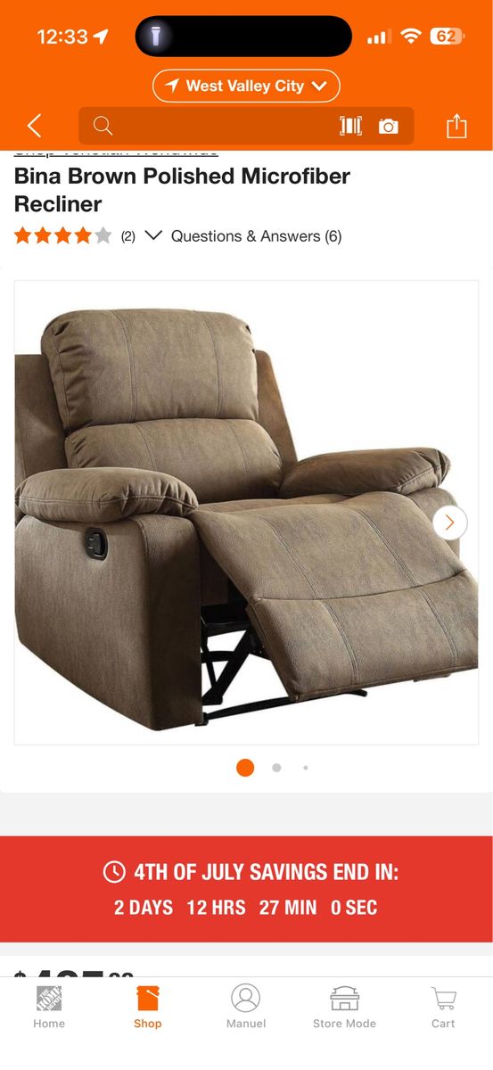 Bina Brown Polished Microfiber Recliner chair - Model B1505-2GSM, New in Box