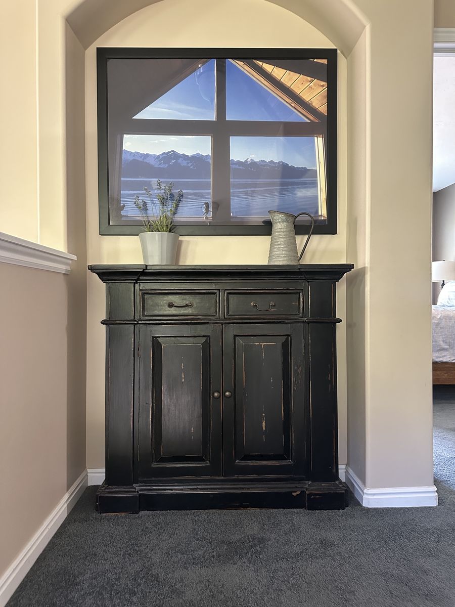 Distressed Black Wood Accent Cabinet Console Table - 2 Drawers, 2-Door Storage 42"H x 39"W