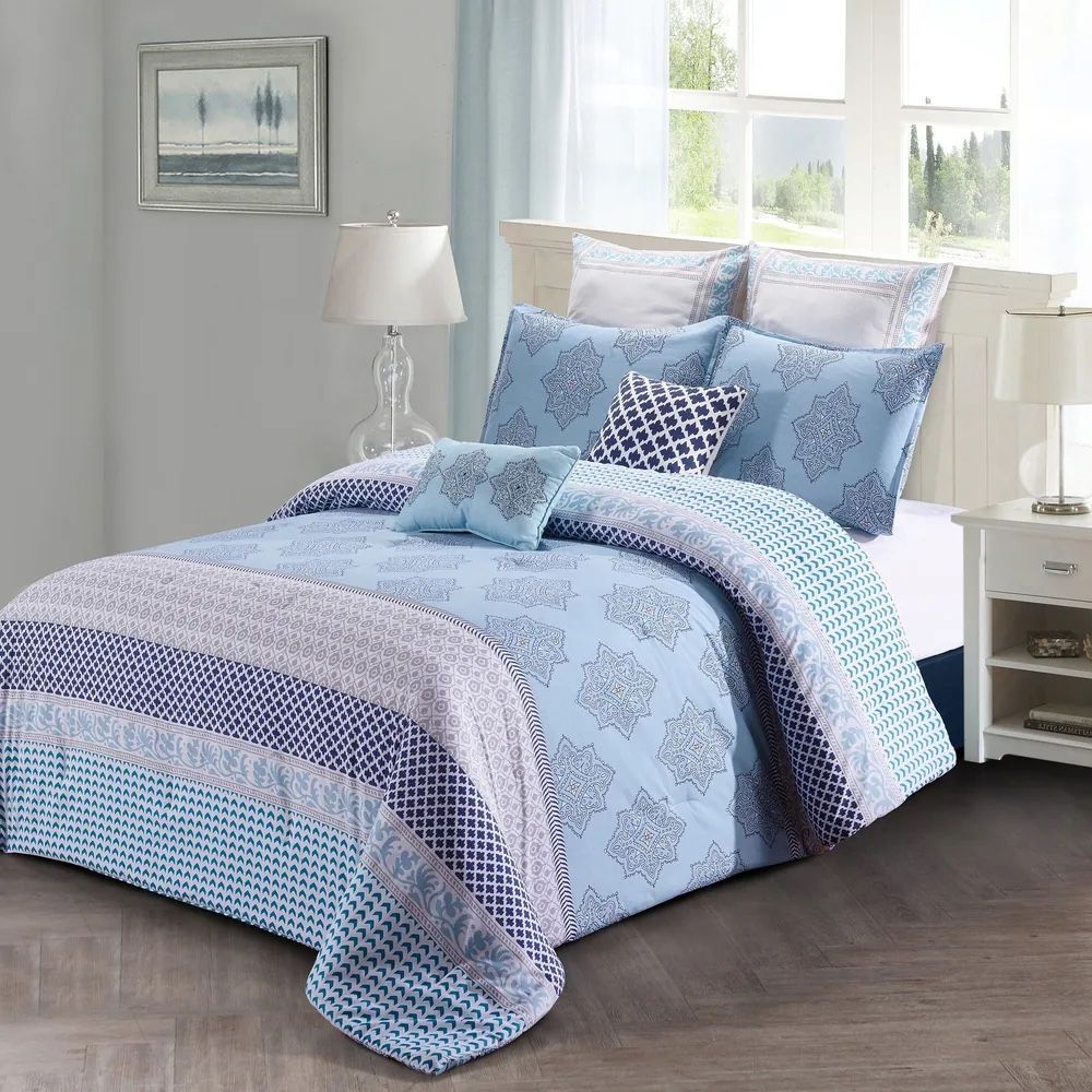 Style quarters - Lilou 7pc Comforter Set - 100% cotton - Blue Gray and White Block Print - Machine Washable - King