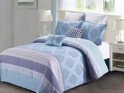 Style quarters - Lilou 7pc Comforter Set - 100% cotton - Blue Gray and White Block Print - Machine Washable - King