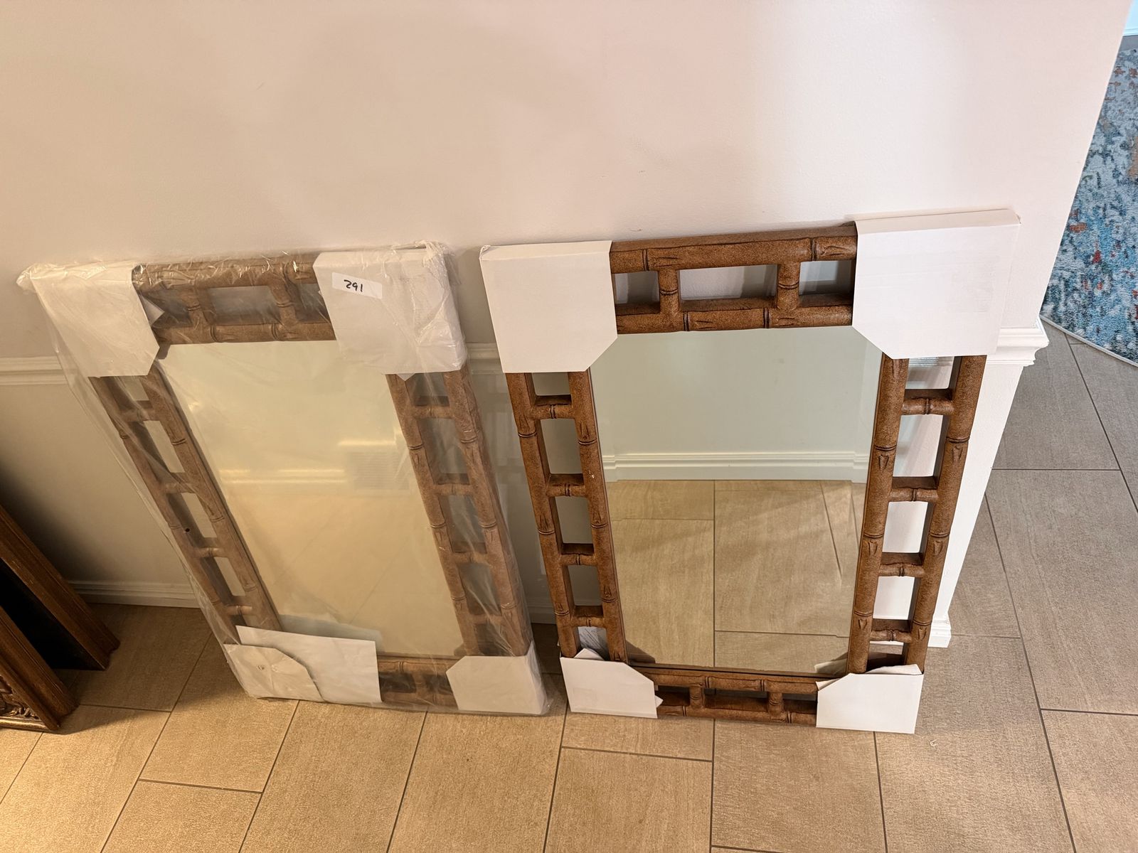 NEW Pair of Faux Bamboo Framed Wall Mirrors