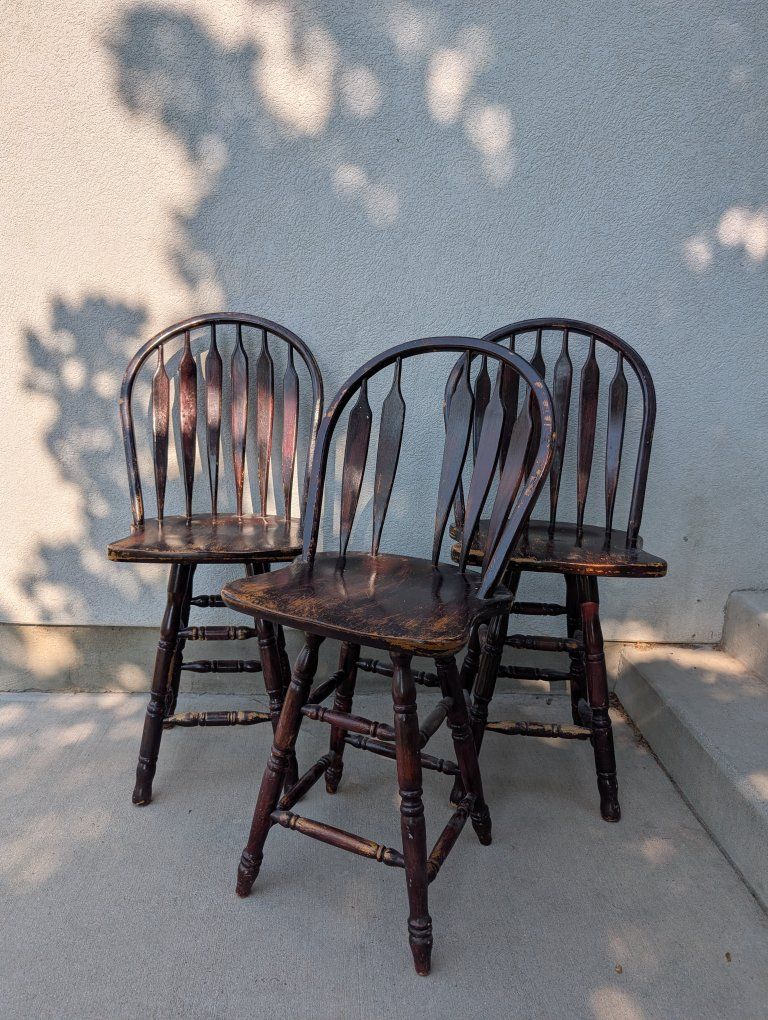 Set of 3 Vintage Wooden Swivel Bar Stools - Dark Finish
